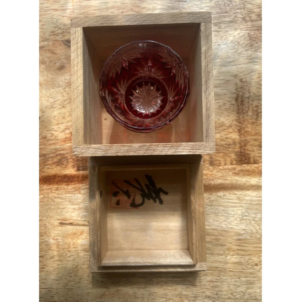 Vtg Wako Ginza Tokyo Edo Kiriko Ruby Red Cut Glass Sake Cup Guinomi Signed Boxed